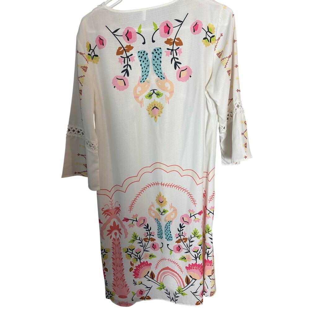 Boho Floral Babydoll Tunic Dress White Embroidered Lace V Neck Medium Festival - Picture 4 of 6